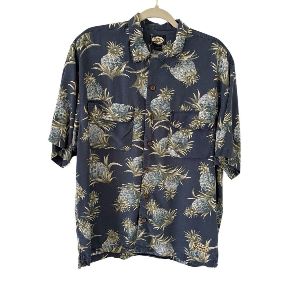 Tommy Bahama Button Down Shirt Men's Med Blue Pineapple 100% Rayon Camp Collar
